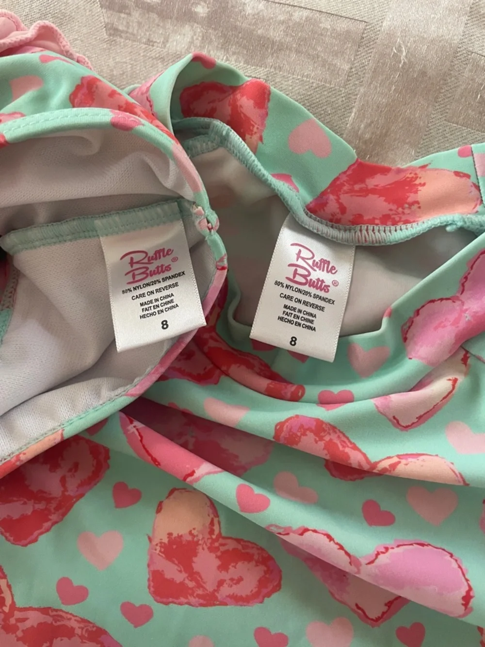 Rufflebutts Girls Mint Heart Rash Guard Set with Pink Ruffles size 8 two piece - Picture 6 of 6